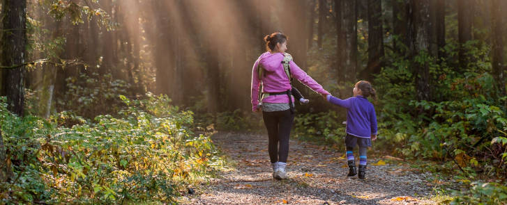 Mutter spaziert Hand in Hand mit der Tochter durch einen Wald