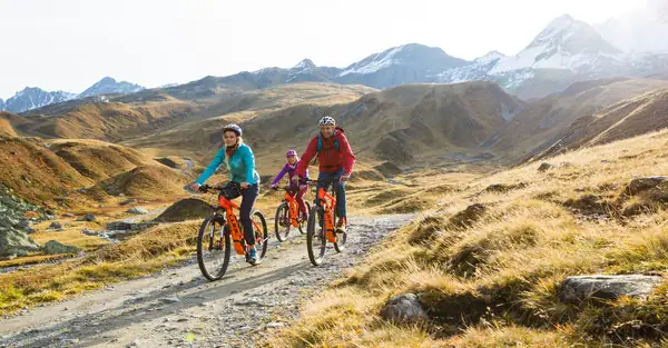Drei Mountainbiker auf dem Rad fahren durch die Montafoner Alpenwelt.