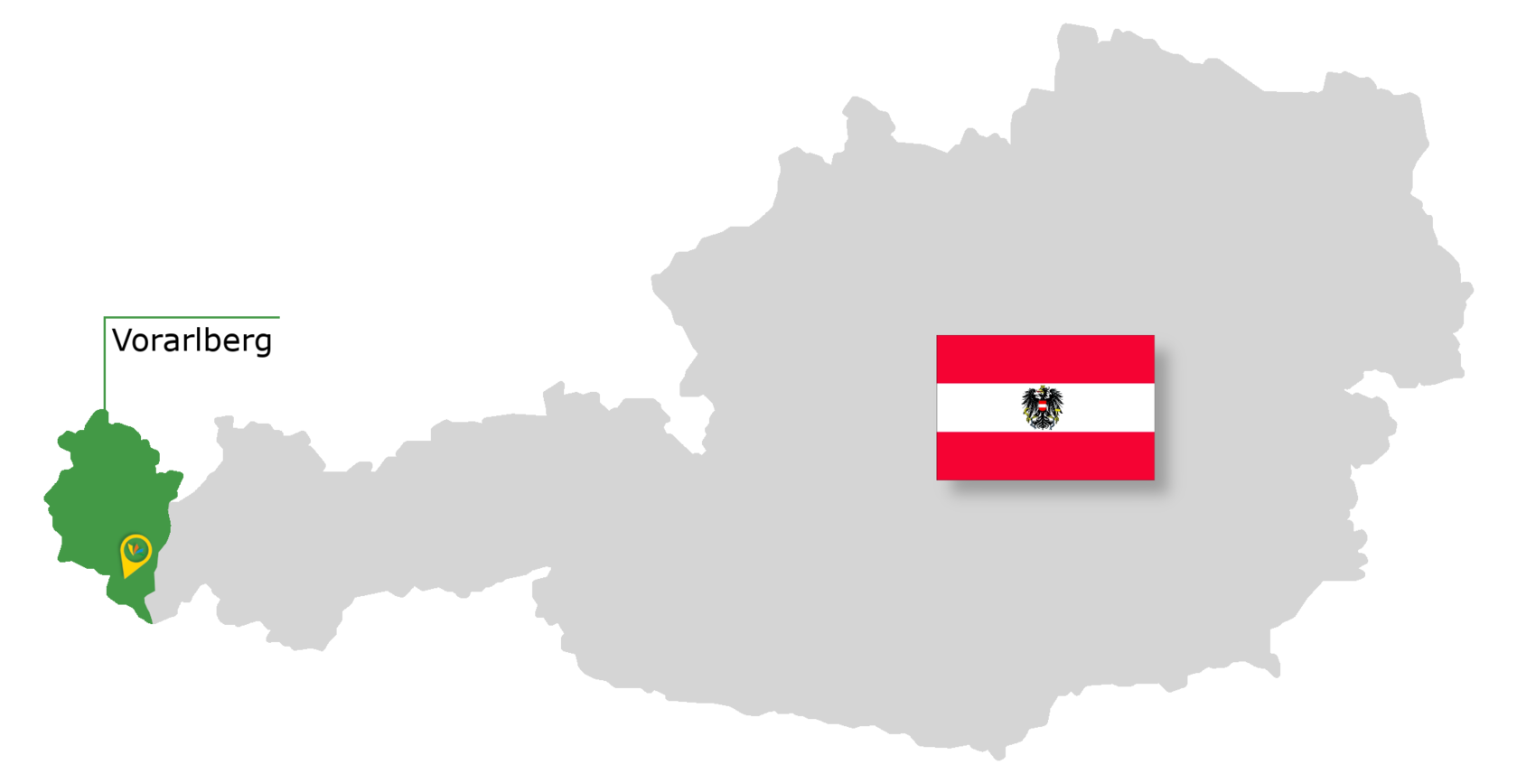 Karte von Österreich, in der das Bundesland Vorarlberg farblich markiert ist und die Lage der UplandParcs Ferienwohnungen eingezeichnet ist.